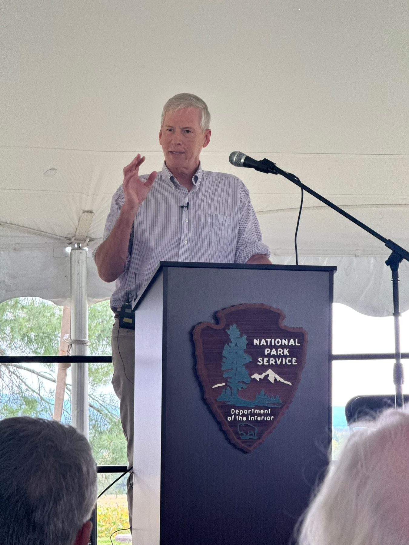 Kevin speaking at the lectern at Gettysburg