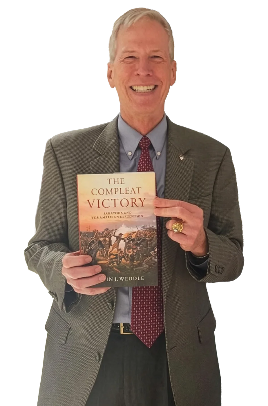Kevin J. Weddle, military historian, holding his book The Compleat Victory