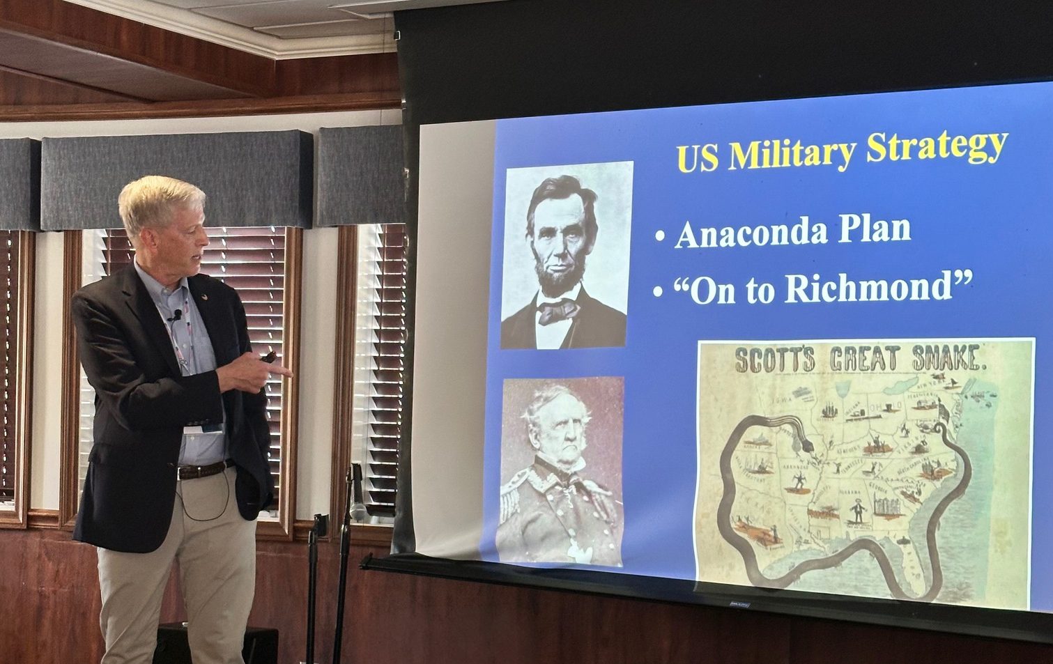 Kevin Weddle lecturing on US military strategy